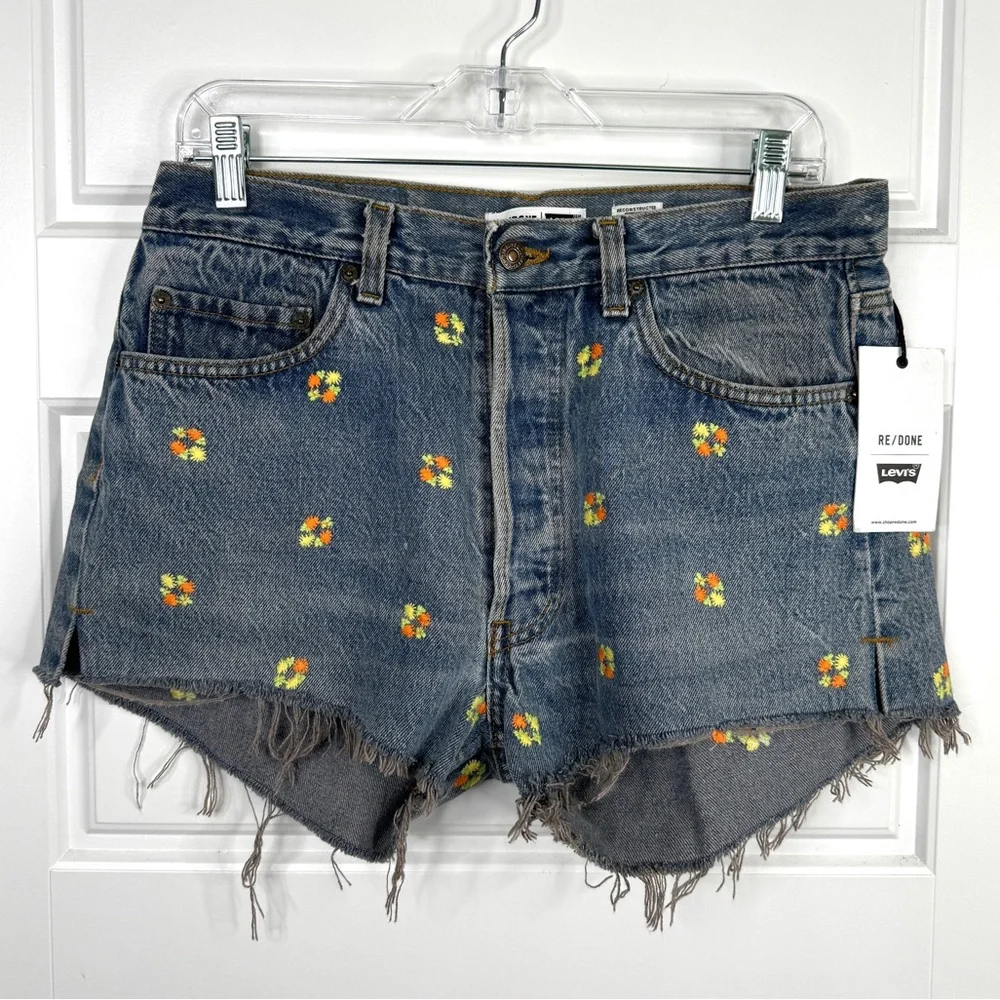 RE/DONE Levi’s The Short NEW Size 28 Floral Indigo Embroidered Jean Shorts